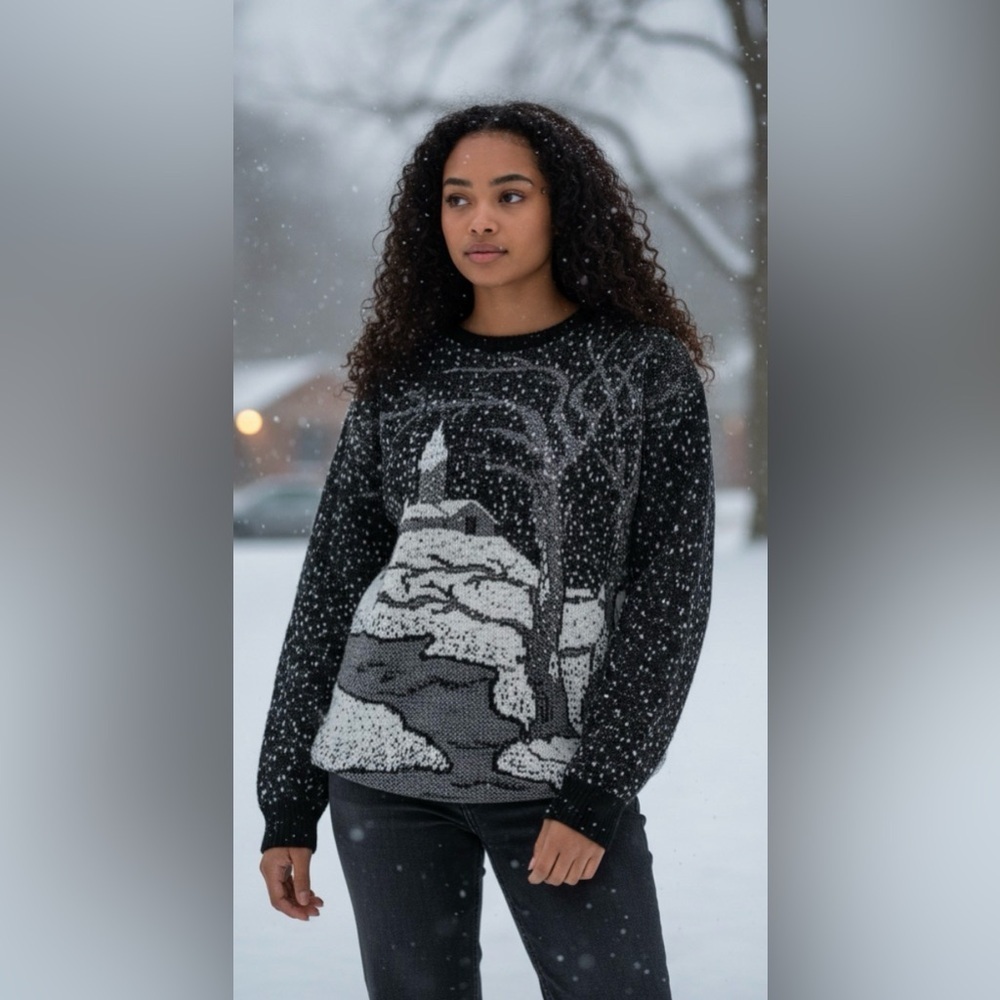 Vintage 80’s Snowy Church Landscape Scene Black/White Sweater by Margules